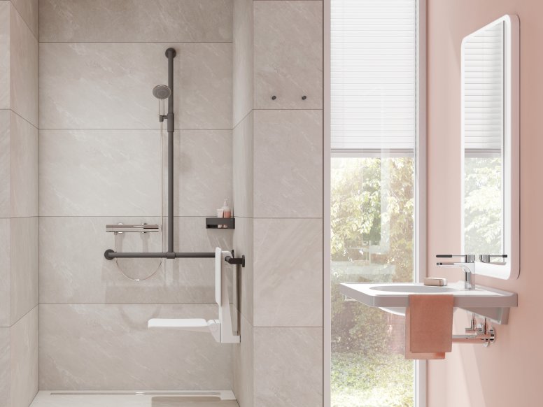 Shower area equipped with an infinitely adjustable magnetic shower holder