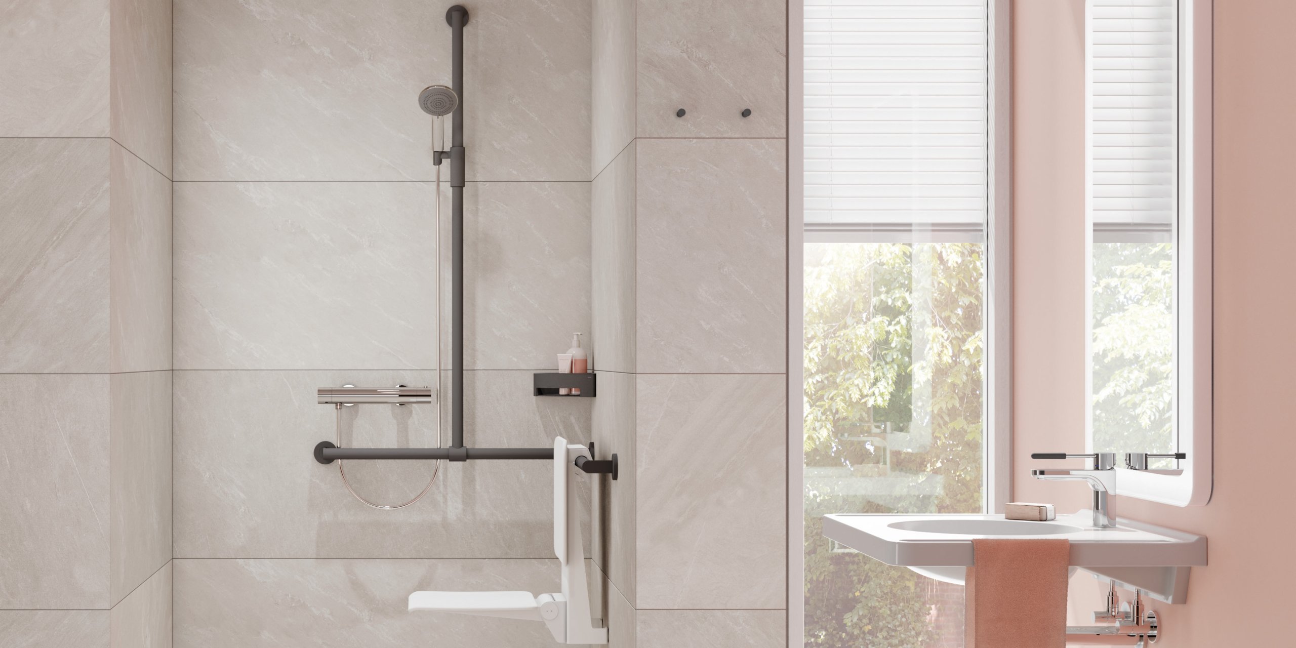 Shower area equipped with an infinitely adjustable magnetic shower holder